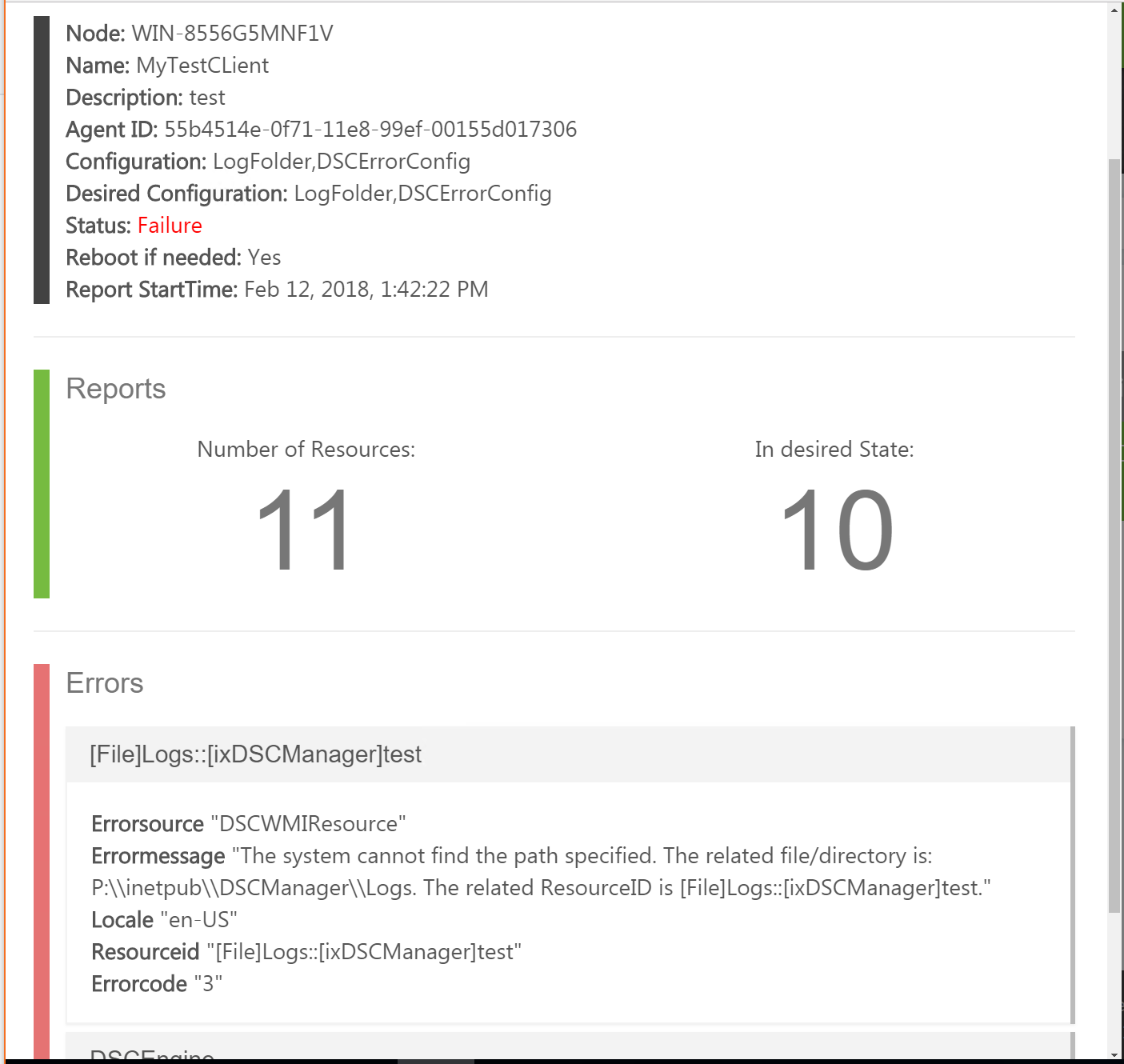 DSC Error Agent Log